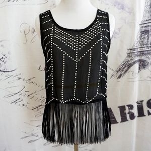 Black Rhinestone Tank Top Sheer Fringed - Size S